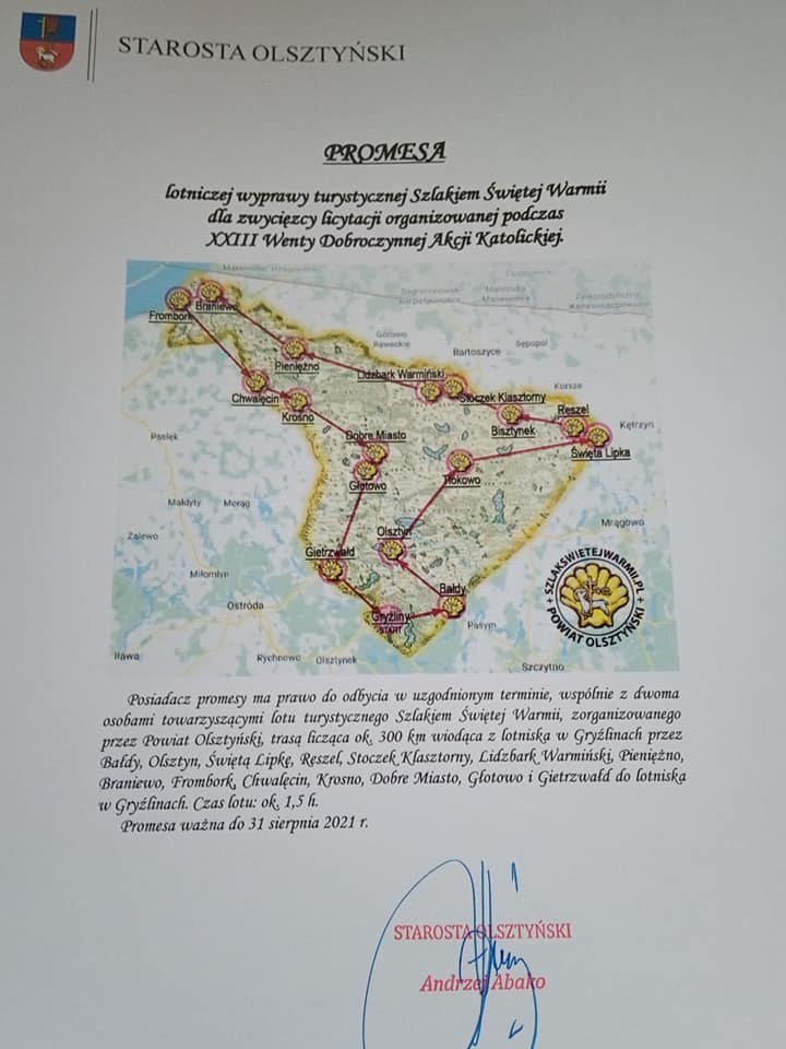 Zdjęcie kartki z opisem i grafiką trasy przelotu Szlakiem Świętej Warmii