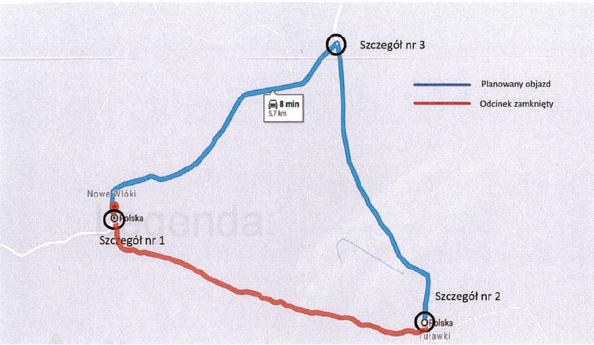 Mapa z zaznaczoną trasą objazdu
