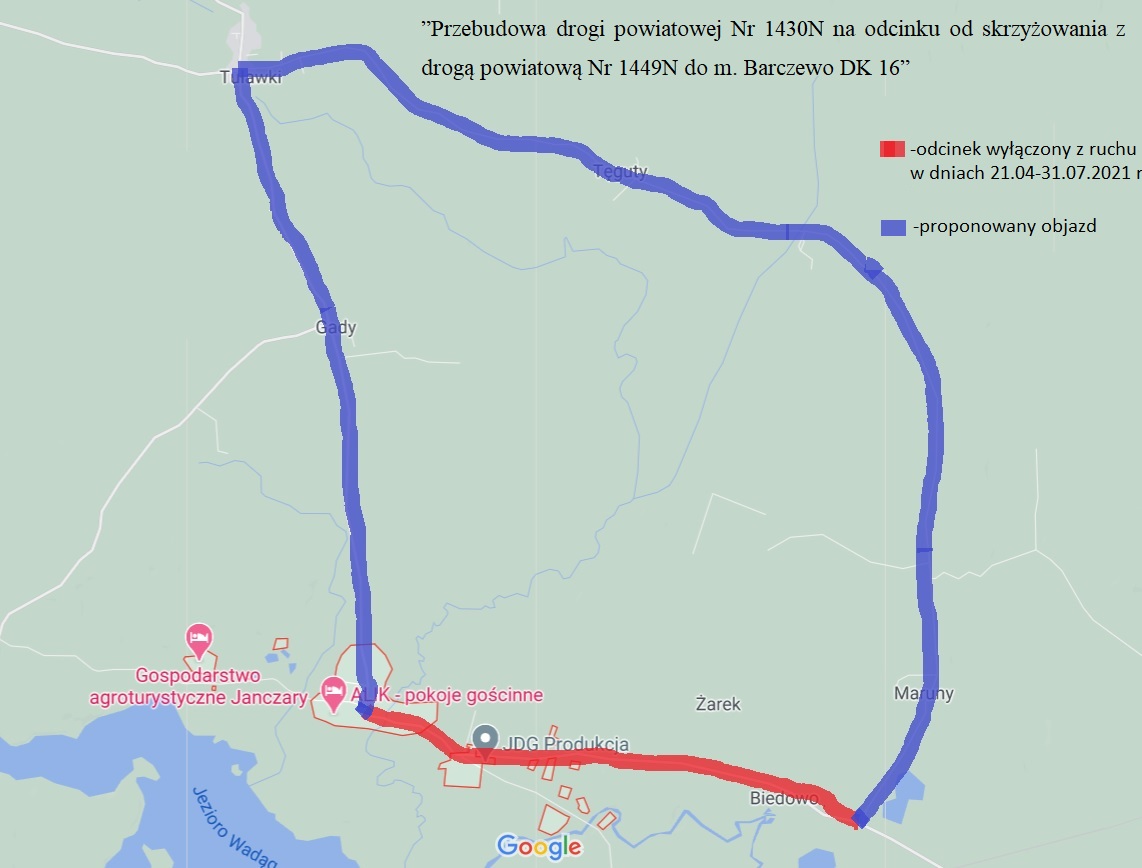 Mapa z proponowanym objazdem