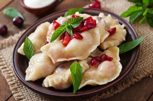 Delicious dumplings with cherries and jam.