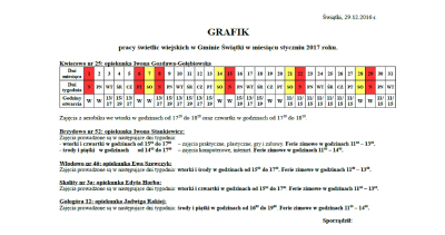 Grafik pracy świetlic wiejskich na styczeń